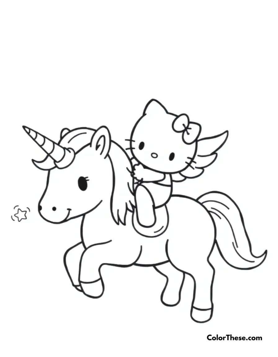 Free printable hello kitty riding a unicorn coloring page for kids and adults. Hello Kitty (Sanrio) riding a magical unicorn.