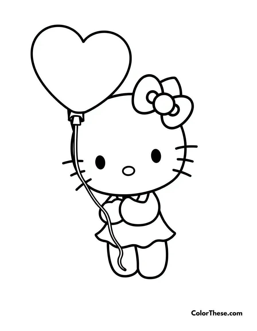 Free printable hello kitty with a balloon coloring page. Hello Kitty (Sanrio) holding a heart-shaped balloon.