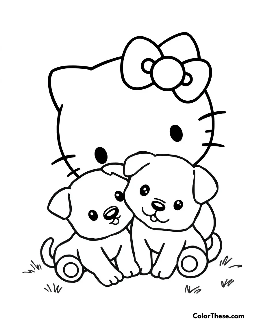 Free printable hello kitty with a puppy coloring page for kids and adults. Hello Kitty (Sanrio) playing with an adorable puppy.