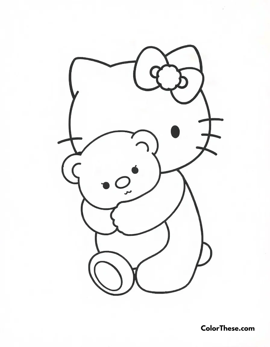 Free printable hello kitty with a teddy bear coloring page for kids and adults. Hello Kitty (Sanrio) hugging a cute teddy bear.