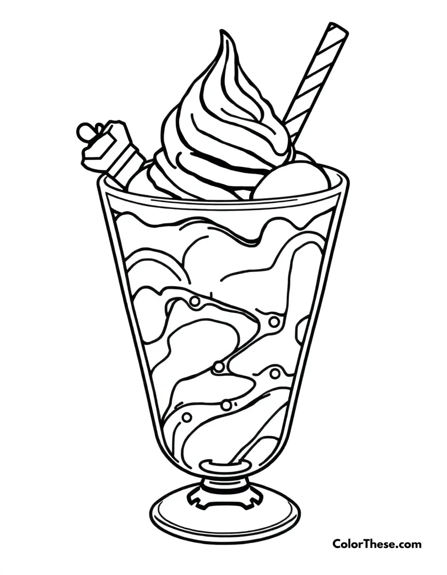 Free printable ice cream float coloring page for kids and adults. A refreshing ice cream float in a glass.