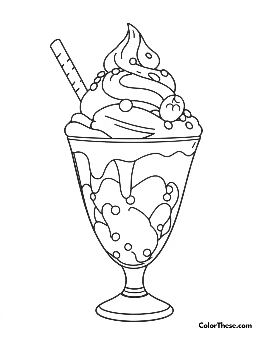 Free printable ice cream sundae coloring page for kids and adults. A delicious ice cream sundae with toppings.