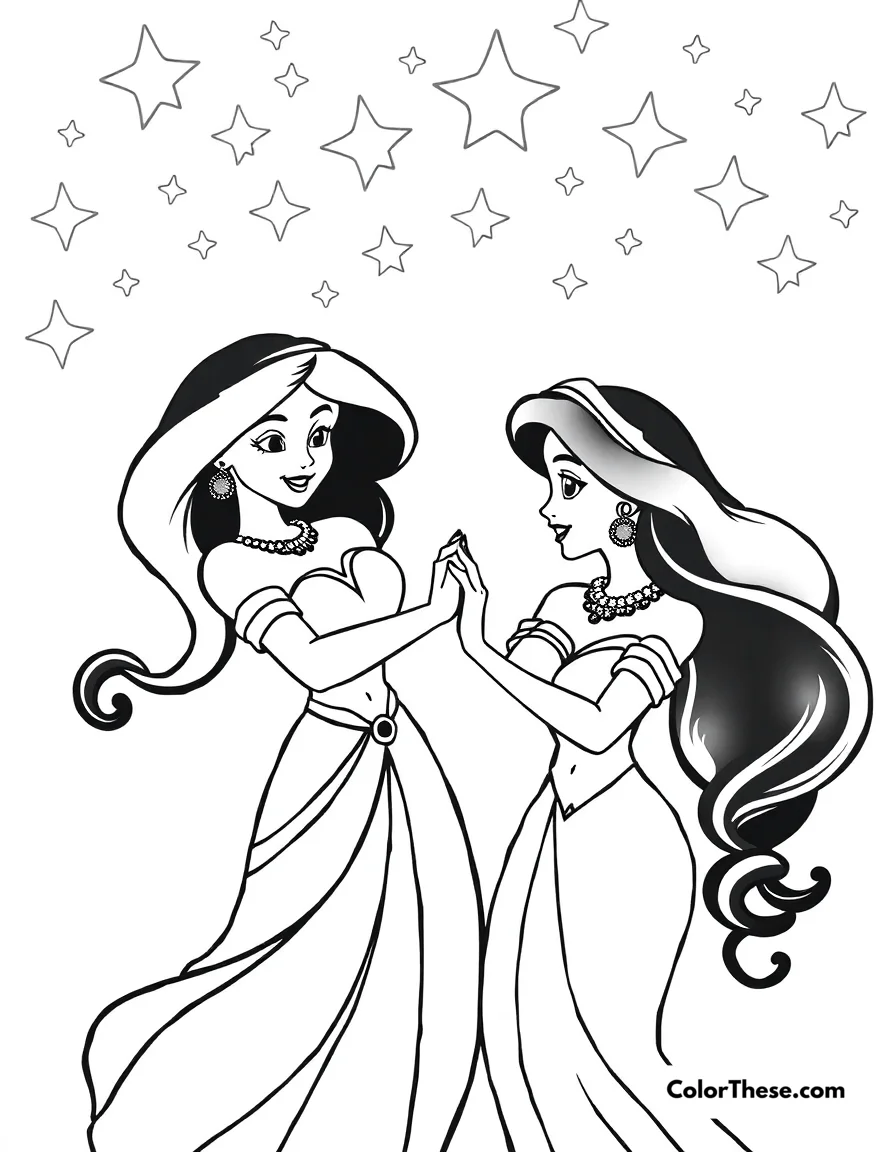 Free printable jasmine (disney) and aladdin dancing coloring page. Jasmine (Disney) and Aladdin dancing under the stars.
