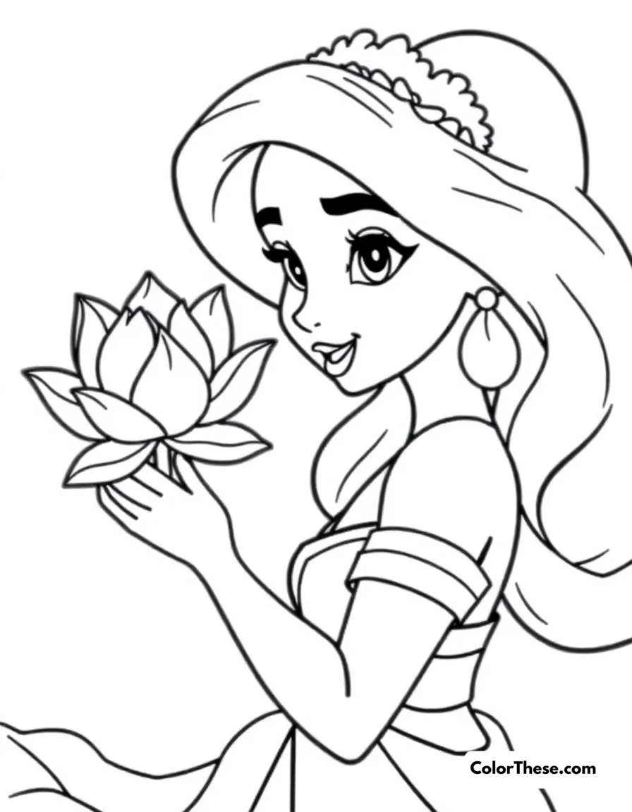 Free printable jasmine (disney) with a lotus flower coloring page for kids and adults. Jasmine (Disney) holding a lotus flower.
