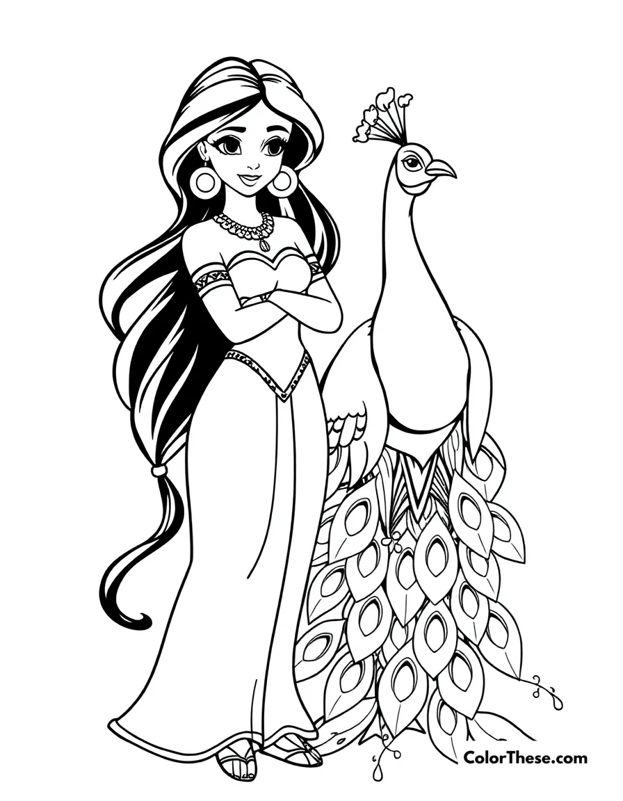 Free printable jasmine (disney) with a peacock coloring page for kids and adults. Jasmine (Disney) standing with a majestic peacock.