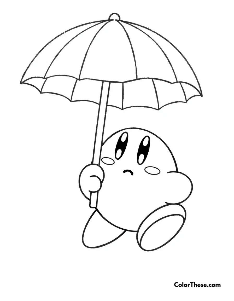 Free printable kirby with parasol coloring page. Kirby holding a cute parasol.