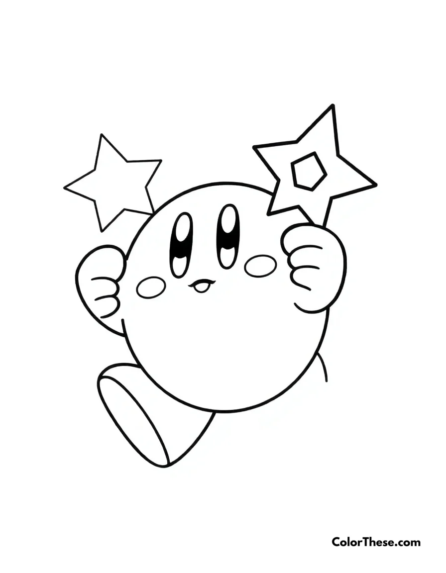 Free printable kirby with star rod coloring page for kids and adults. Kirby holding the Star Rod, ready for adventure.