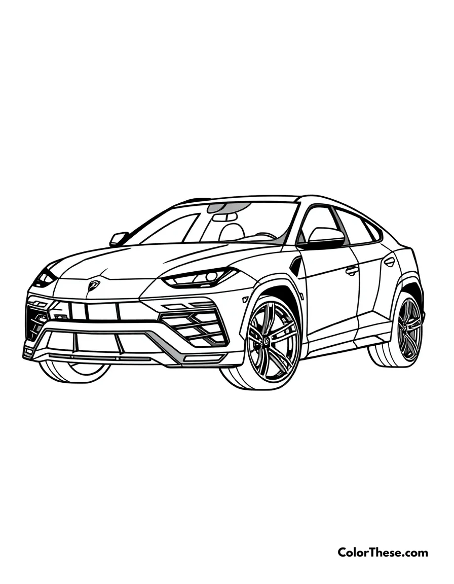 Free printable lamborghini urus coloring page for kids and adults. A powerful Lamborghini Urus SUV in a commanding pose.