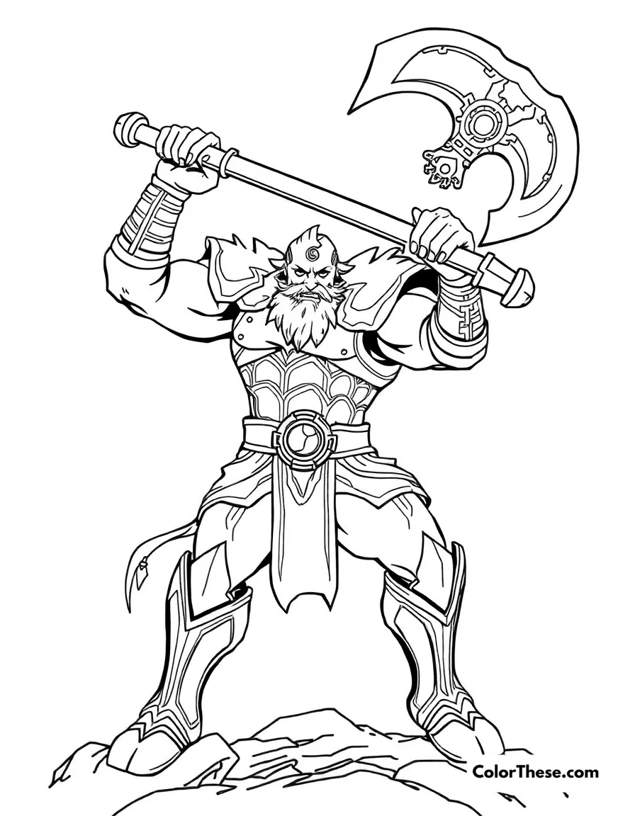 Free printable darius swinging his axe coloring page for kids and adults. Darius, the Hand of Noxus from League of Legends, swinging his massive axe.