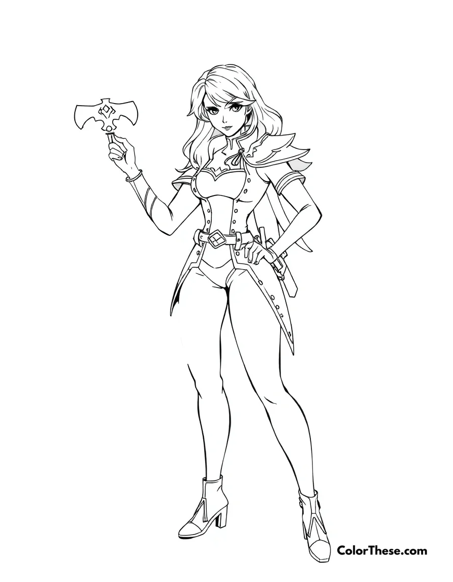 Free printable fiora in a dueling stance coloring page for kids and adults. Fiora, the Grand Duelist from League of Legends, in a poised stance.