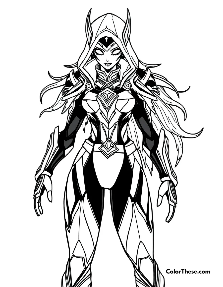 Free printable kai’sa in her void suit coloring page for kids and adults. Kai’sa, Daughter of the Void from League of Legends, in her futuristic suit.