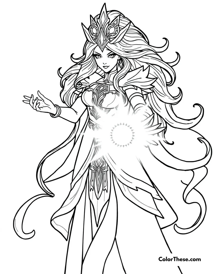 Free printable lux casting a spell coloring page for kids and adults. Lux, the Lady of Luminosity from League of Legends, casting a radiant spell.