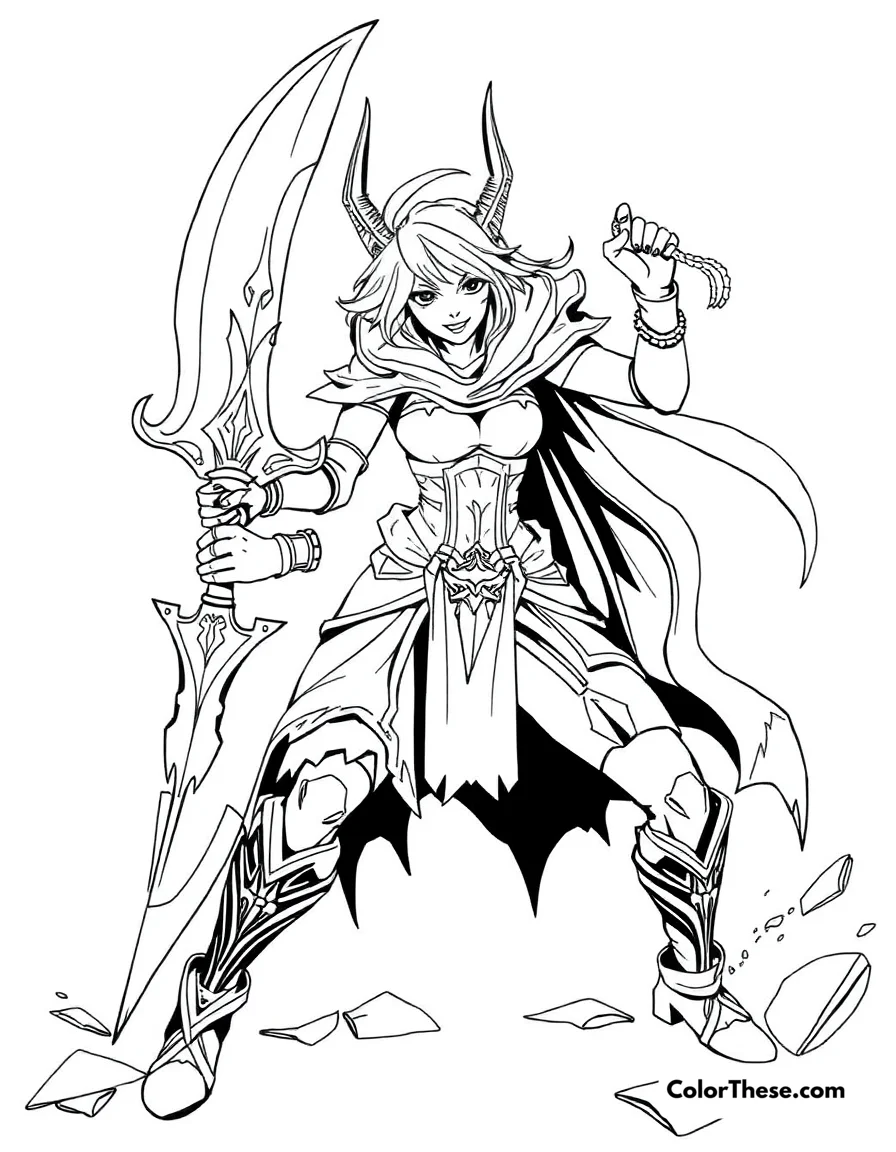Free printable riven with her broken blade coloring page for kids and adults. Riven, the Exile from League of Legends, wielding her broken blade.