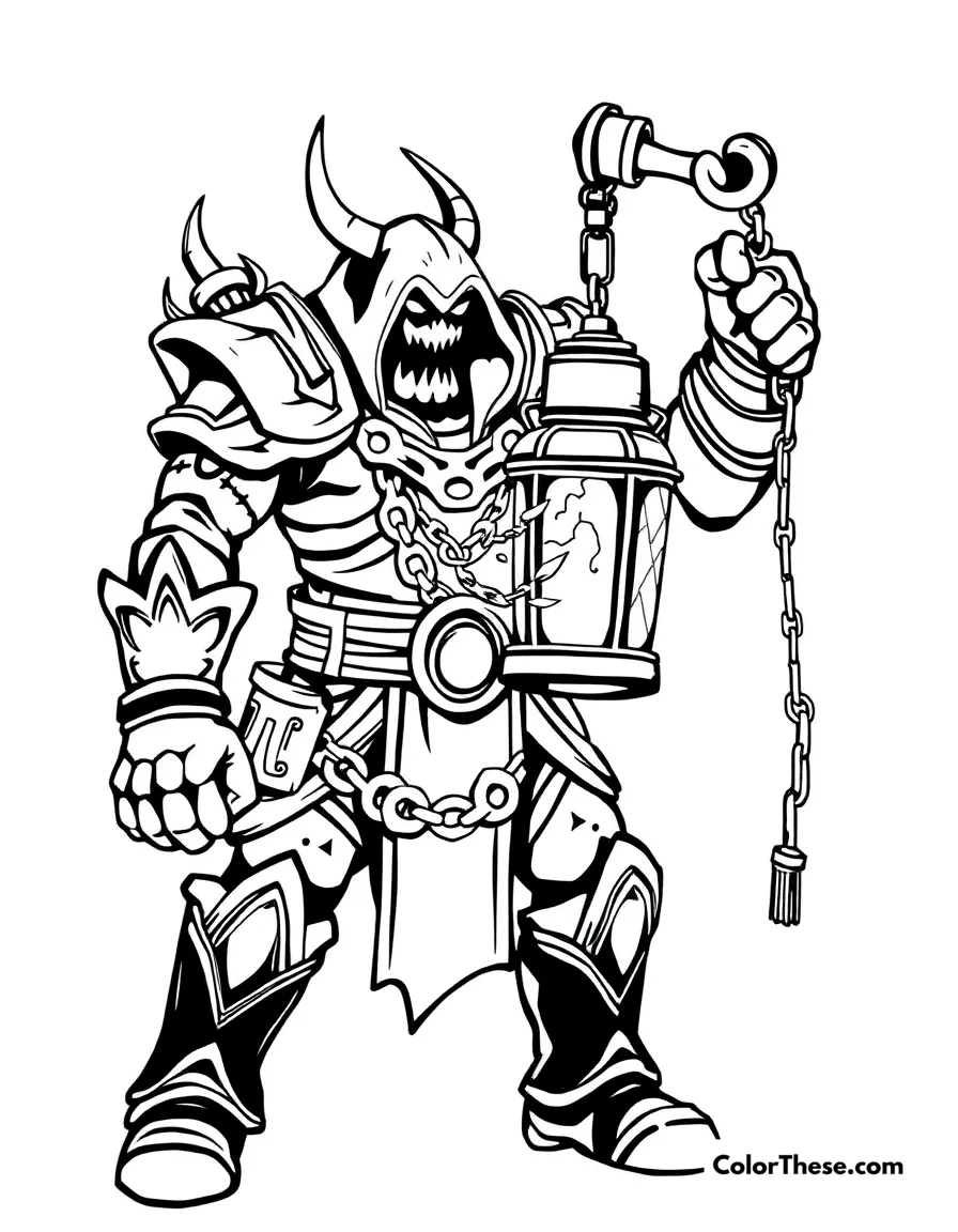 Free printable thresh with his lantern coloring page. Thresh, the Chain Warden from League of Legends, holding his eerie lantern.