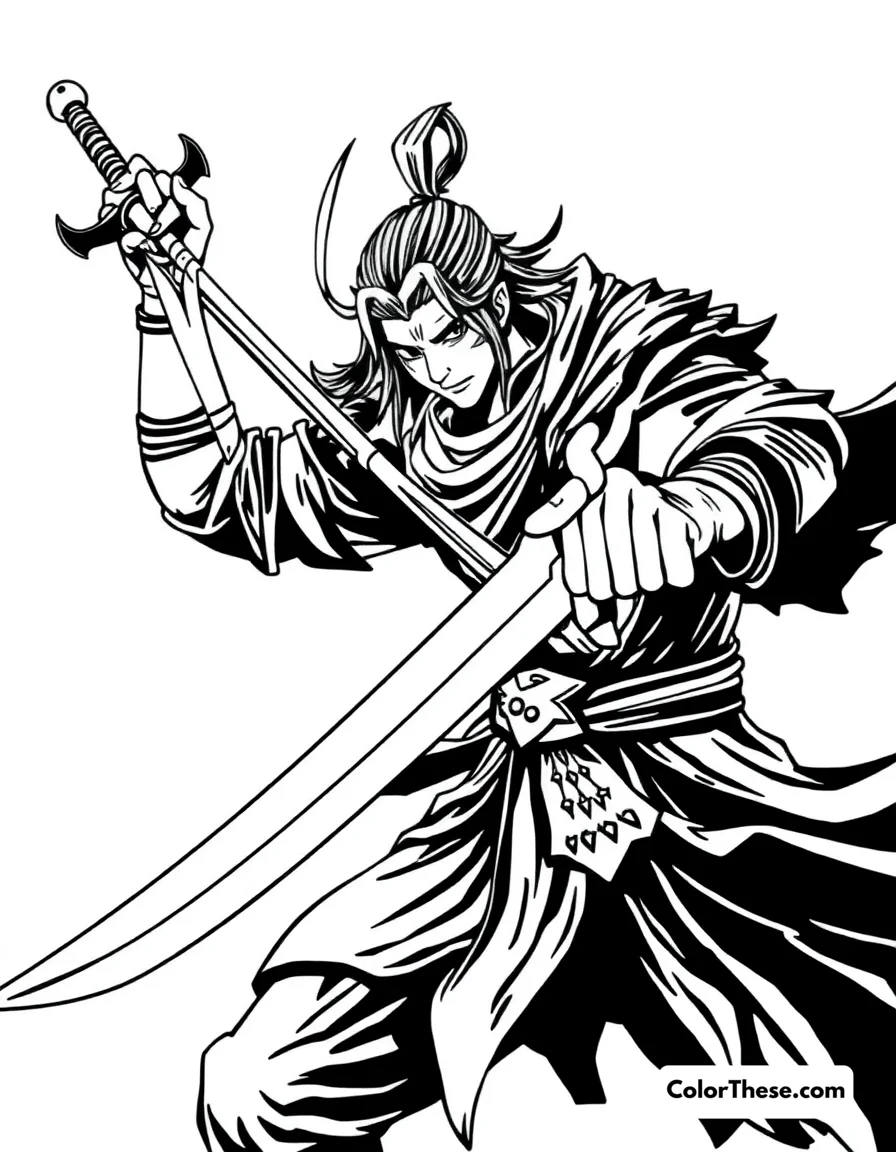 Free printable yasuo with his sword coloring page for kids and adults. Yasuo, the Unforgiven from League of Legends, wielding his sword in a dynamic pose.