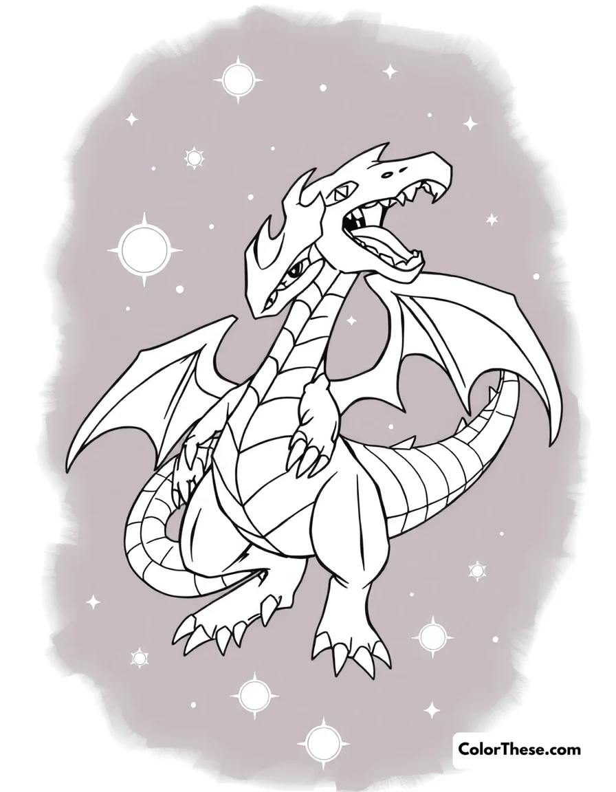 Free printable dialga in a timeless space coloring page for kids and adults. Dialga, the Temporal Pokémon, in a timeless space.