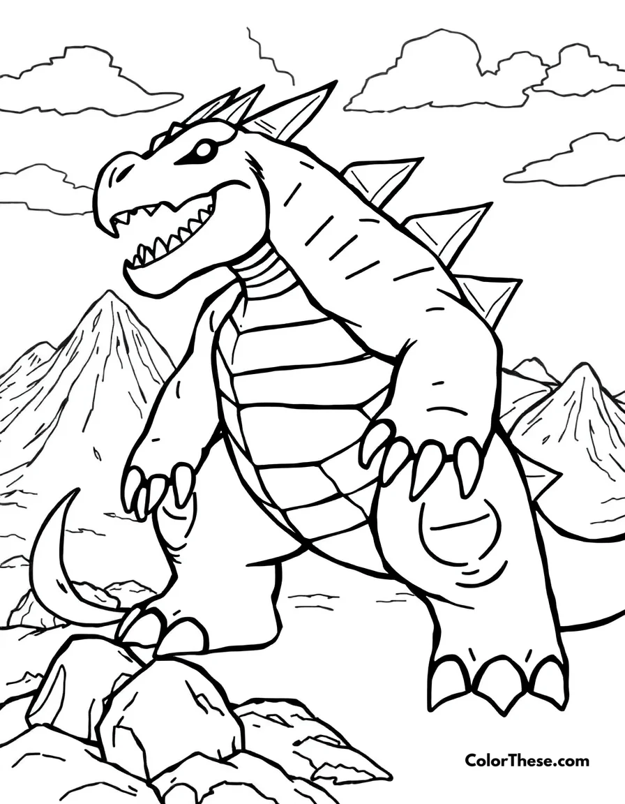 Free printable groudon in a volcanic landscape coloring page. Groudon, the Continent Pokémon, standing in a volcanic landscape.