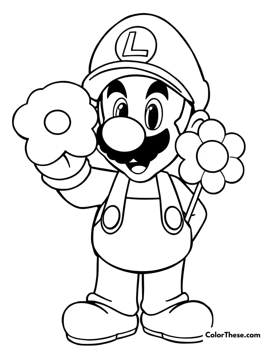 Free printable luigi with a cloud flower coloring page. Luigi from Mario holding a Cloud Flower power-up.