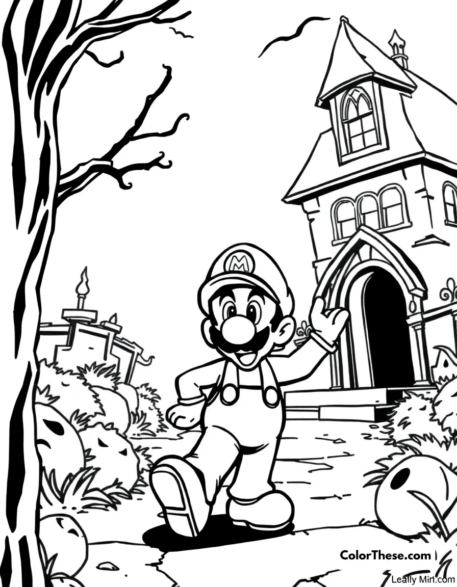 Free printable luigi in luigi’s mansion coloring page for kids and adults. Luigi from Mario exploring a spooky mansion.