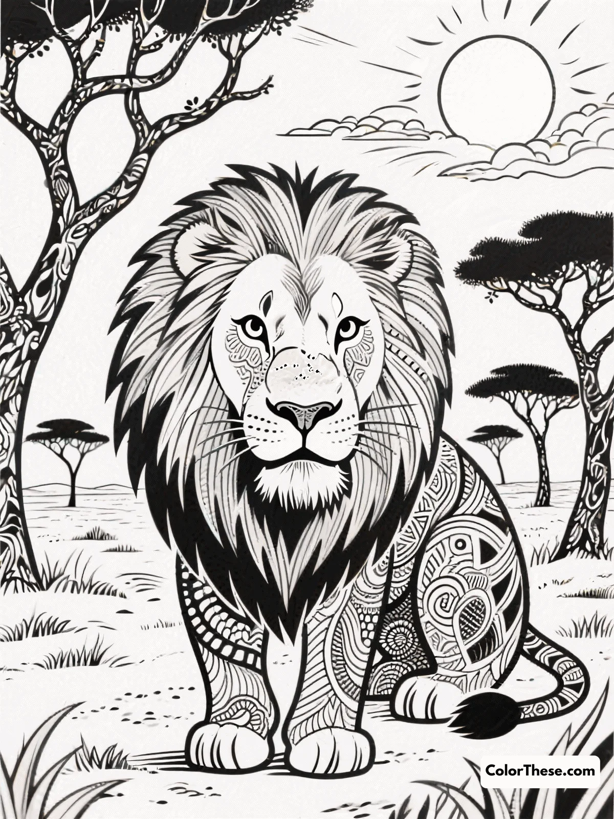 Free printable lion and african sunset coloring page for kids and adults. Experience the majestic beauty of a lion against an African sunset, with a perfect blend of simple and intricate details for all skill levels.