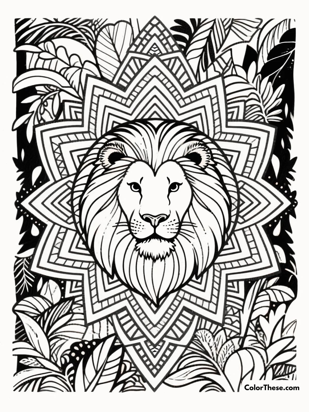 Free printable lion in a geometric jungle coloring page for kids and adults. Explore the regal beauty of a lion set against a geometric jungle backdrop, perfect for coloring enthusiasts of all ages.