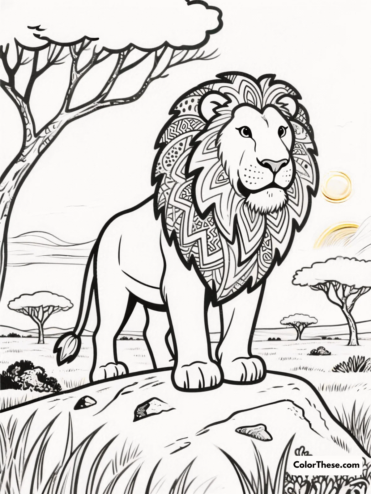 Free printable lion king of the savanna coloring page for kids and adults. Explore the majestic world of the savanna with our 'Lion King of the Savanna' coloring page, perfect for all ages to enjoy and bring to life with color.