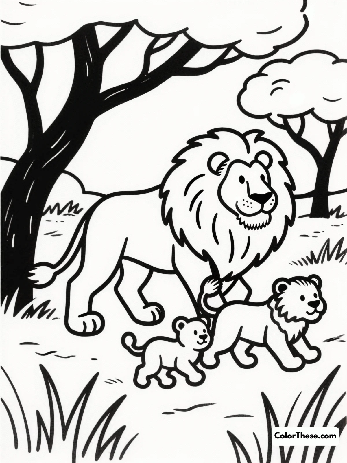 Free printable lion pride on the move coloring page for kids and adults. Join a majestic lion pride on the move in this delightful coloring page, perfect for all ages. Explore the savanna scene and bring it to life with your favorite colors!