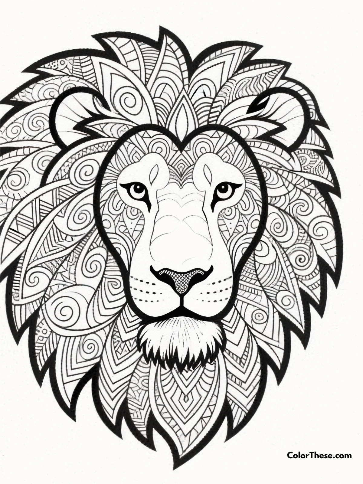 Free printable lion with detailed mane patterns coloring page for kids and adults. Immerse yourself in the intricate details of the 'Lion with Detailed Mane Patterns' coloring page, perfect for stress relief and artistic expression.