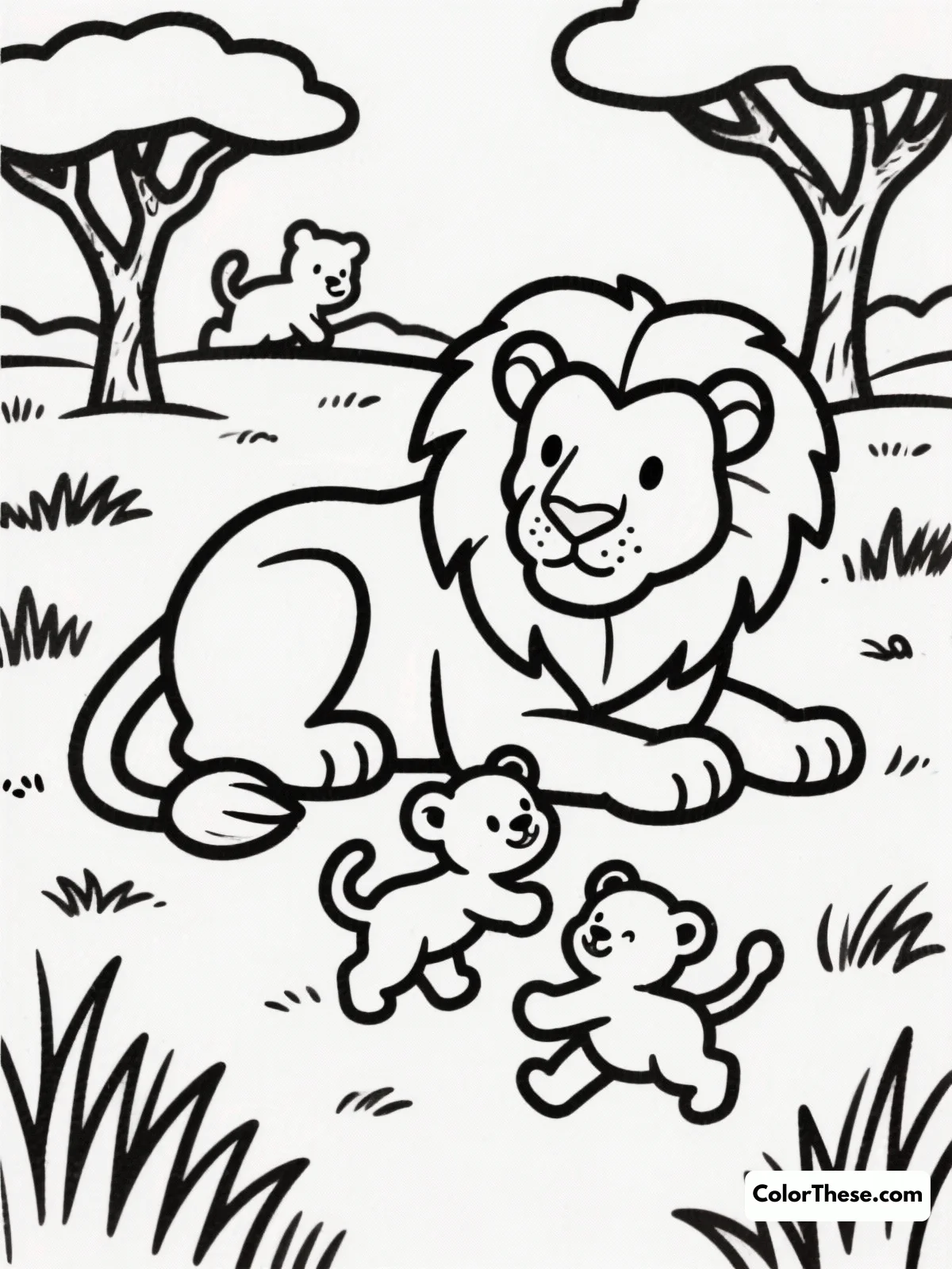 Free printable lioness with cubs coloring page for kids and adults. Explore the bonds of family and the beauty of nature with this lioness and cubs coloring page, perfect for all ages and skill levels.
