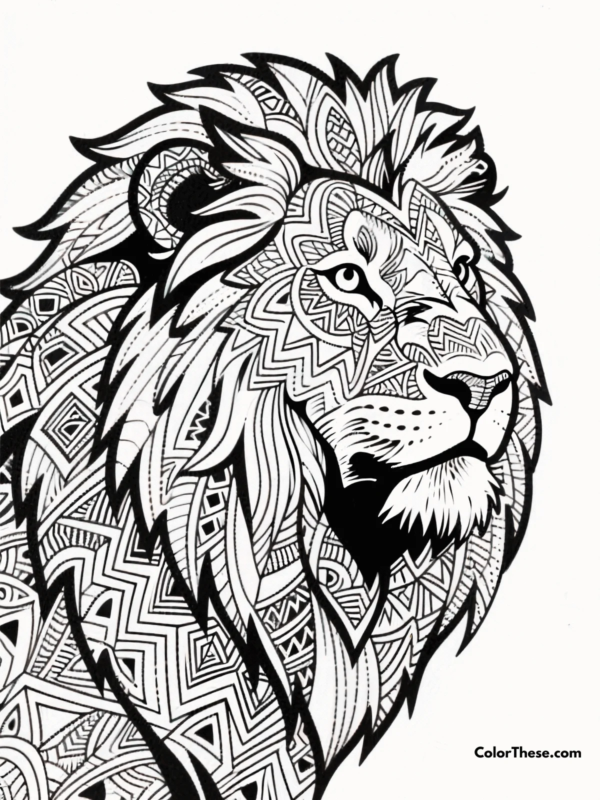 Free printable regal lion portrait coloring page for kids and adults. Explore the majestic presence of the lion with this intricate coloring page, perfect for all ages to express creativity and imagination.