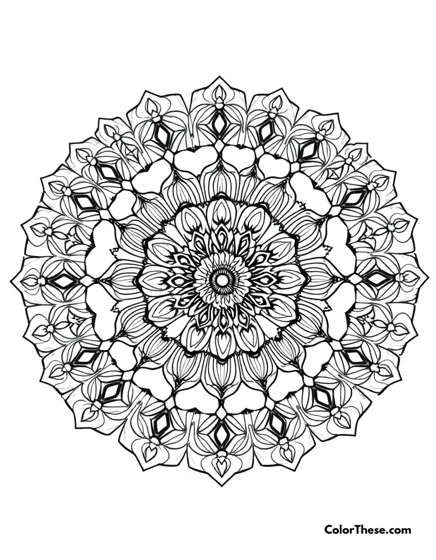 Free printable bee mandala with honeycomb patterns coloring page. A mandala featuring bee-inspired honeycomb patterns.