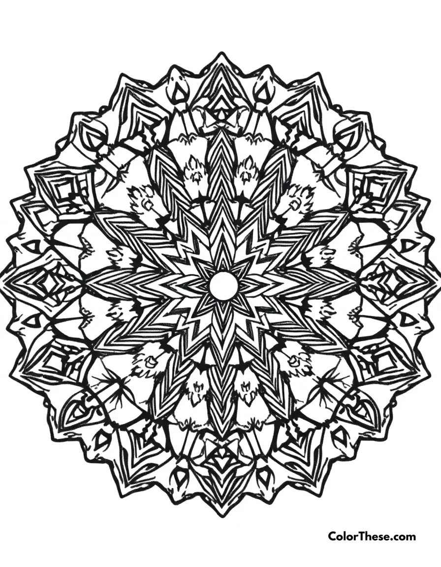 Free printable celestial mandala with star patterns coloring page for kids and adults. A mandala featuring star and celestial-inspired patterns.