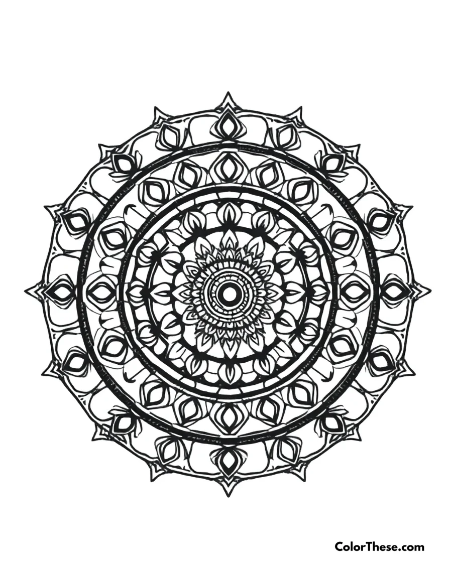 Free printable circular mandala with layered rings coloring page for kids and adults. A mandala featuring layered circular rings with intricate patterns.