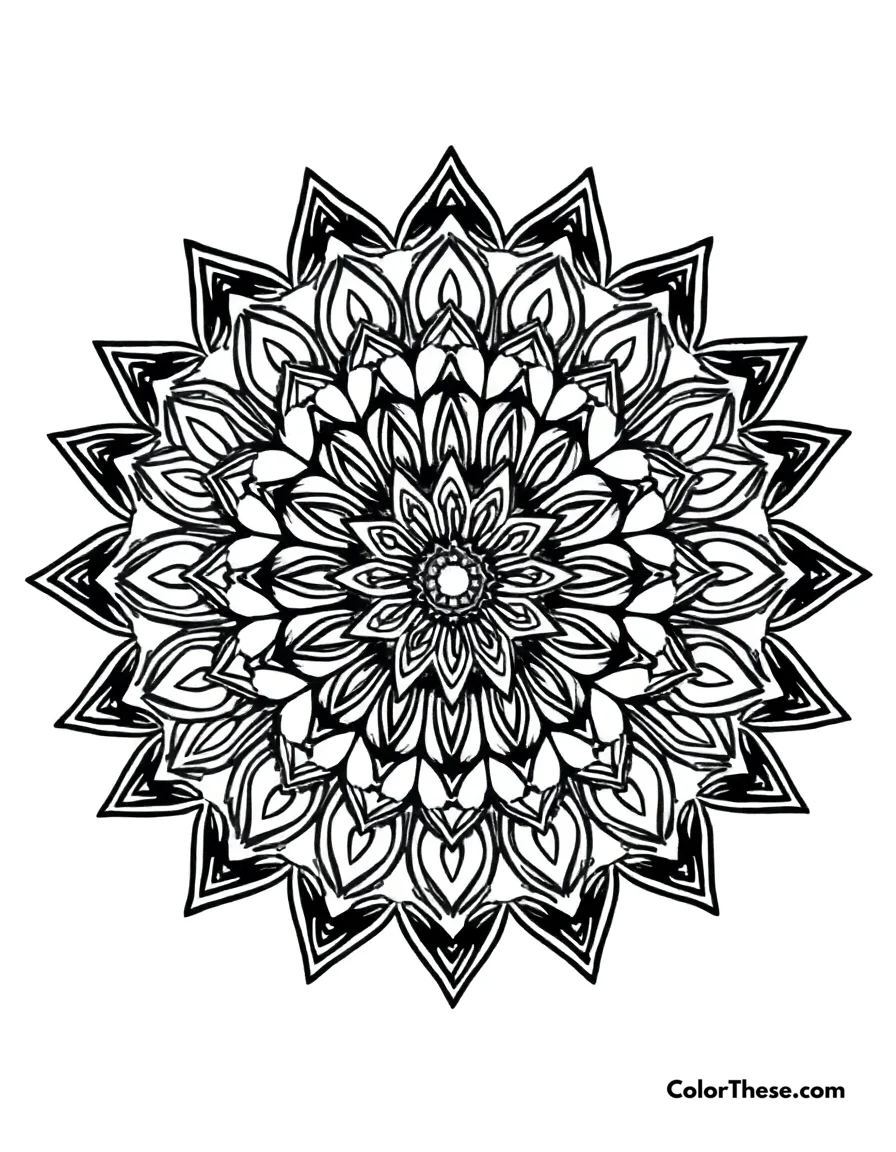 Free printable diamond mandala with geometric patterns coloring page for kids and adults. A mandala featuring diamond-shaped geometric patterns.