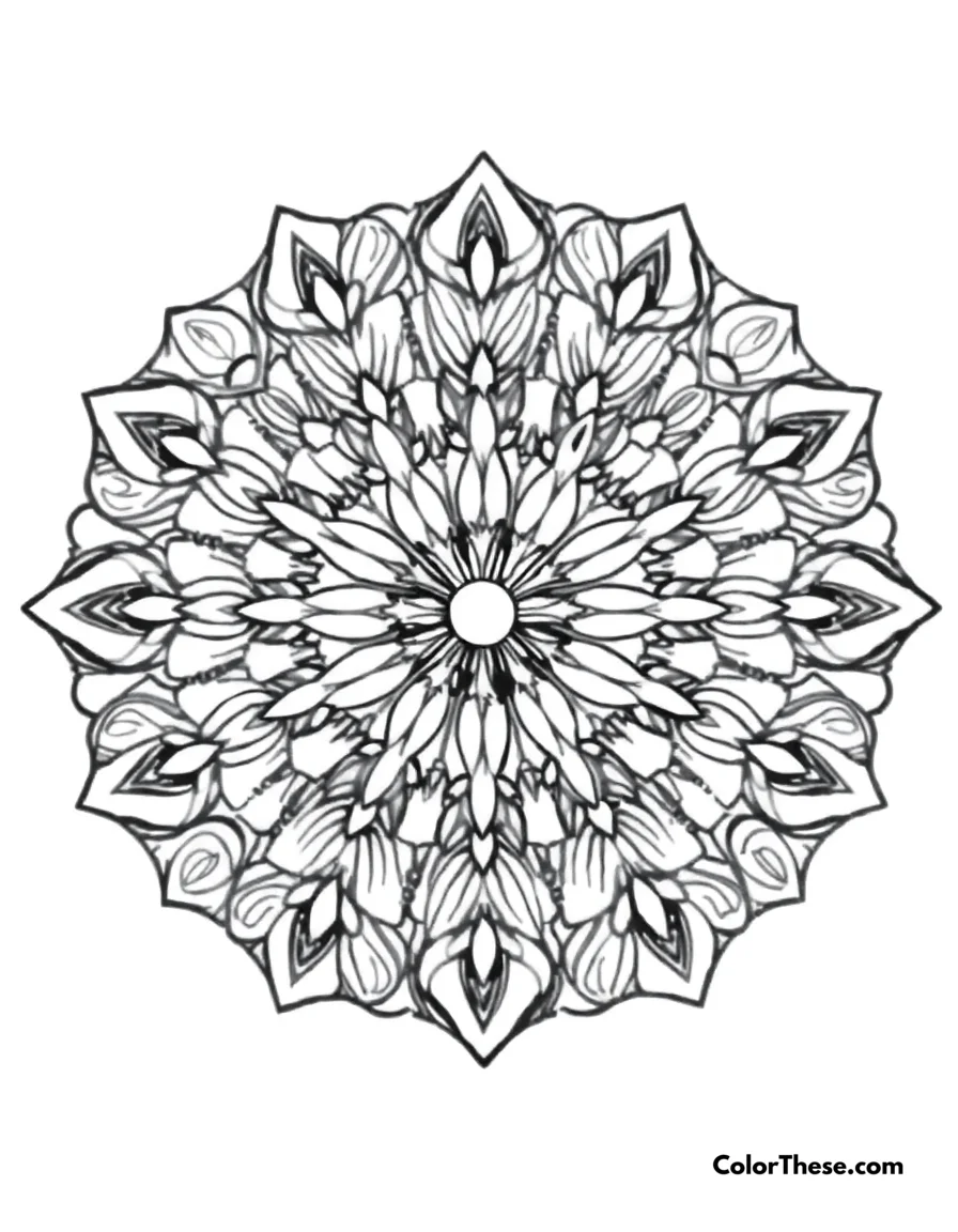 Free printable dove mandala with feather patterns coloring page for kids and adults. A mandala featuring dove-inspired feather patterns.