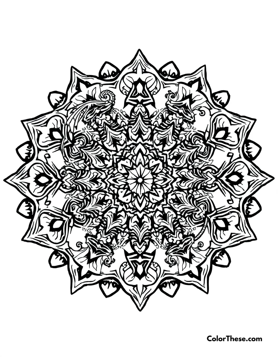Free printable dragon mandala with mythical patterns coloring page for kids and adults. A mandala featuring dragon-inspired mythical patterns.