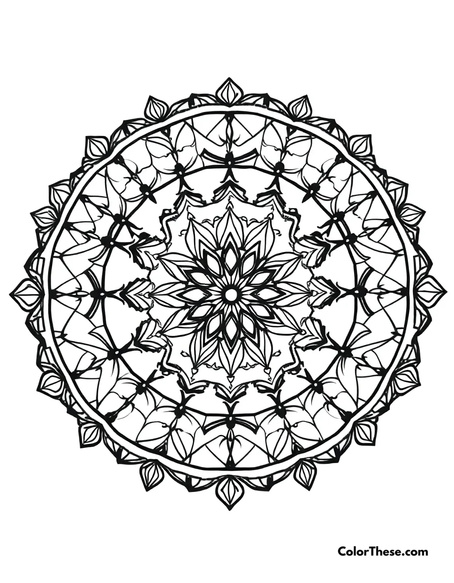 Free printable dreamcatcher mandala with web patterns coloring page for kids and adults. A mandala featuring dreamcatcher-inspired web patterns.