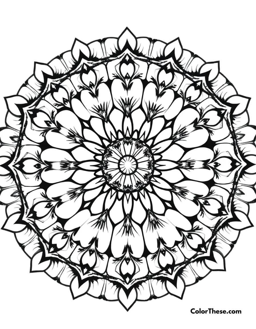Free printable eagle mandala with feather patterns coloring page for kids and adults. A mandala featuring eagle-inspired feather patterns.