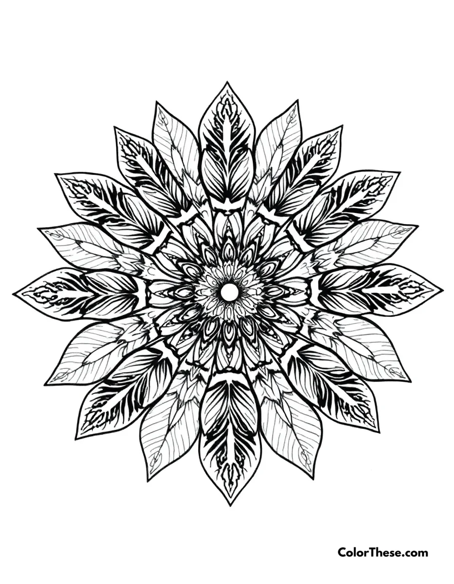 Free printable feather mandala with delicate details coloring page for kids and adults. A mandala featuring feather-shaped patterns with delicate details.