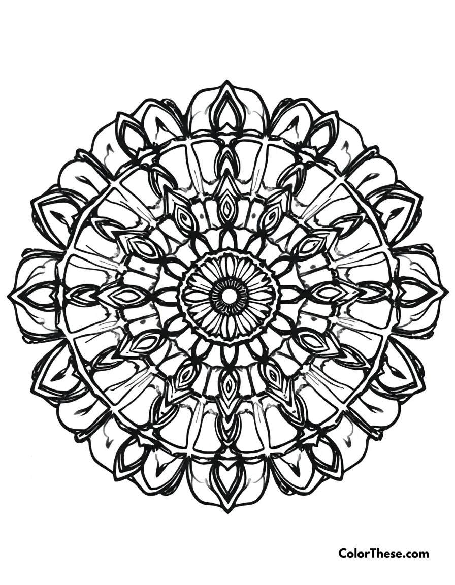 Free printable geometric mandala with circles coloring page for kids and adults. A mandala featuring geometric patterns with concentric circles.