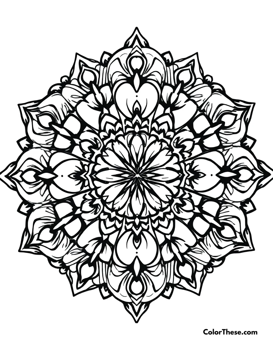 Free printable heart mandala with symmetrical patterns coloring page for kids and adults. A mandala featuring heart-shaped patterns with symmetrical details.
