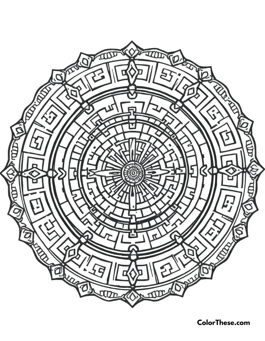 Free printable labyrinth mandala with maze patterns coloring page for kids and adults. A mandala featuring labyrinth-inspired maze patterns.