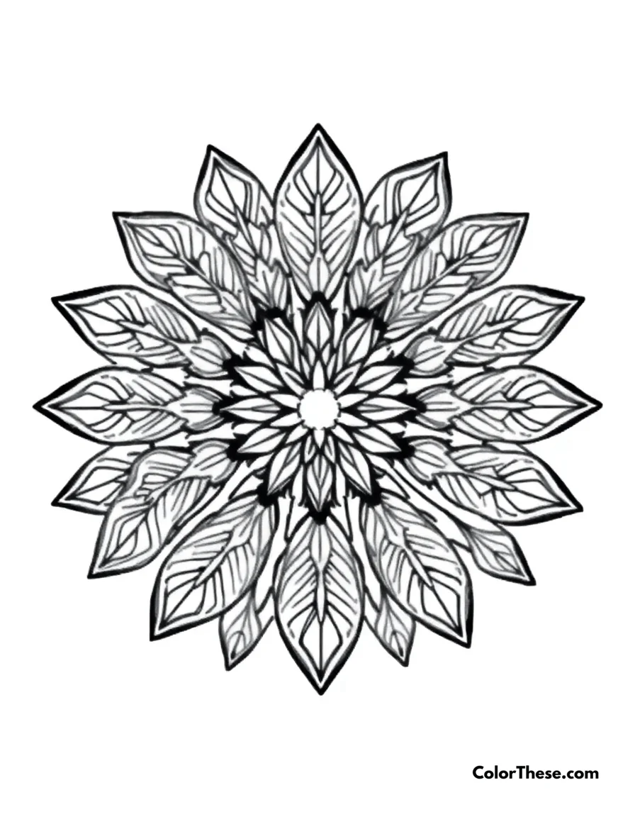 Free printable leaf mandala with nature-inspired patterns coloring page for kids and adults. A mandala featuring leaf-shaped patterns inspired by nature.