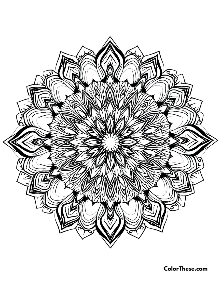 Free printable lion mandala with mane patterns coloring page for kids and adults. A mandala featuring lion-inspired mane patterns.