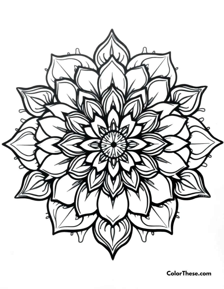 Free printable lotus mandala with intricate details coloring page for kids and adults. A mandala inspired by a lotus flower, featuring intricate details.