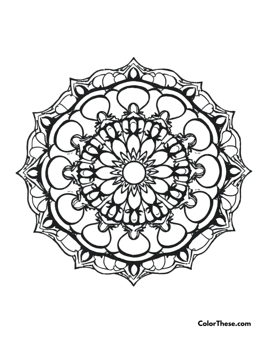 Free printable moon mandala with crescent patterns coloring page for kids and adults. A mandala featuring crescent moon-inspired patterns.