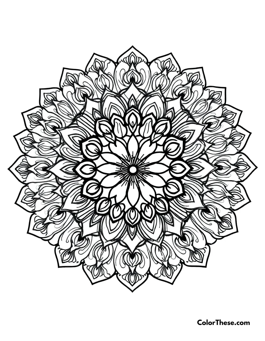 Free printable ocean mandala with wave patterns coloring page for kids and adults. A mandala featuring wave-inspired patterns.