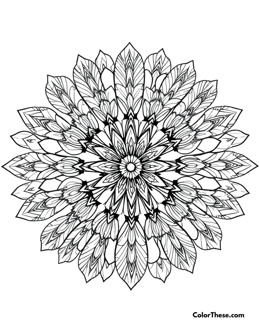 Free printable owl mandala with feather patterns coloring page. A mandala featuring owl-inspired feather patterns.