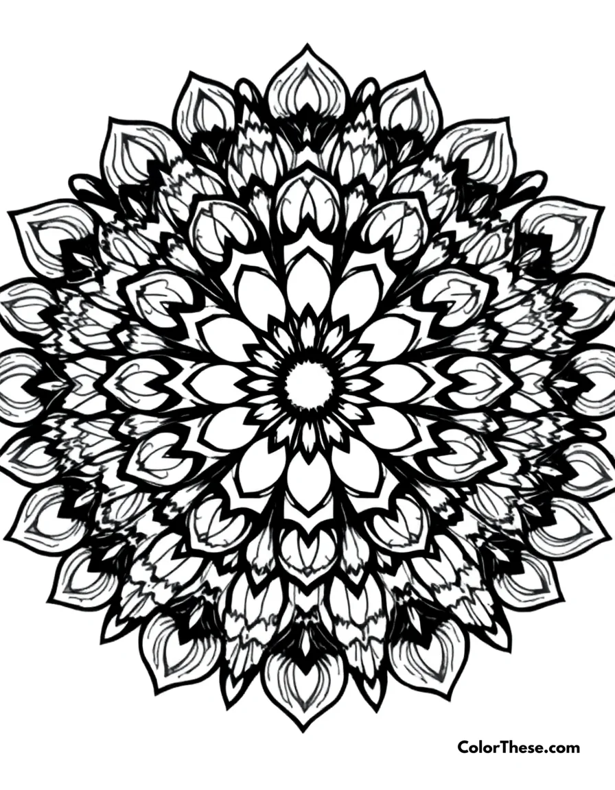 Free printable owl mandala with feather patterns coloring page. A mandala featuring owl-inspired feather patterns.
