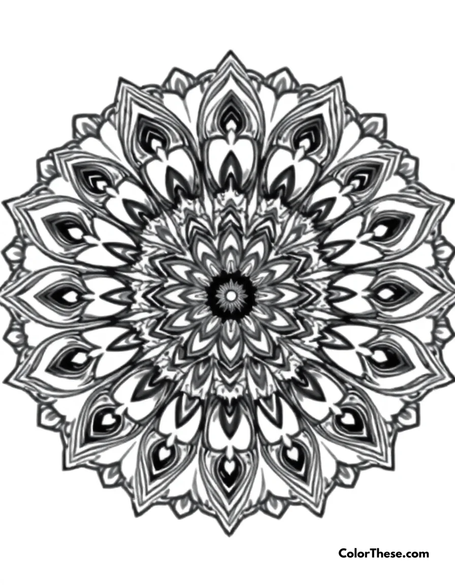 Free printable peacock mandala with feather patterns coloring page for kids and adults. A mandala featuring peacock-inspired feather patterns.